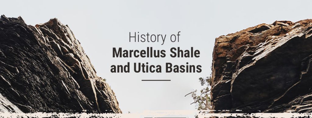 Two mountains in Appalachia with text in the middle stating: "History of Marcellus Shale and Utica Basins"